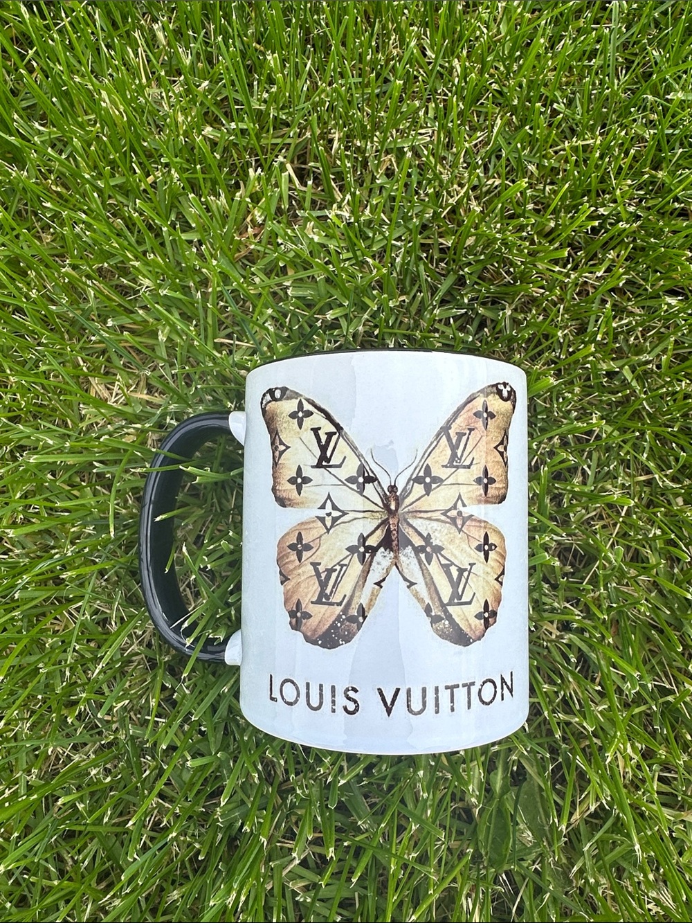Louis Vuitton White Mug with Gold/Brown Butterfly and Black Handle